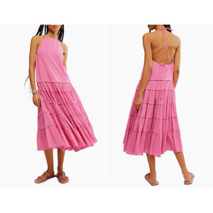Free People Sz Small Somewhere Sunny Drop Waist Halter Maxi Dress Pink Rose NWT